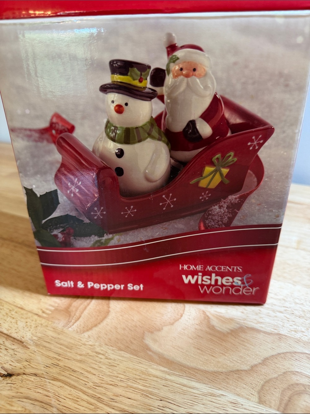 Sleigh with Santa and Snowman Salt & Pepper Set NIB